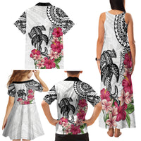 White Polynesian Hammerhead Shark Tribal Pattern Family Matching Tank Maxi Dress and Hawaiian Shirt
