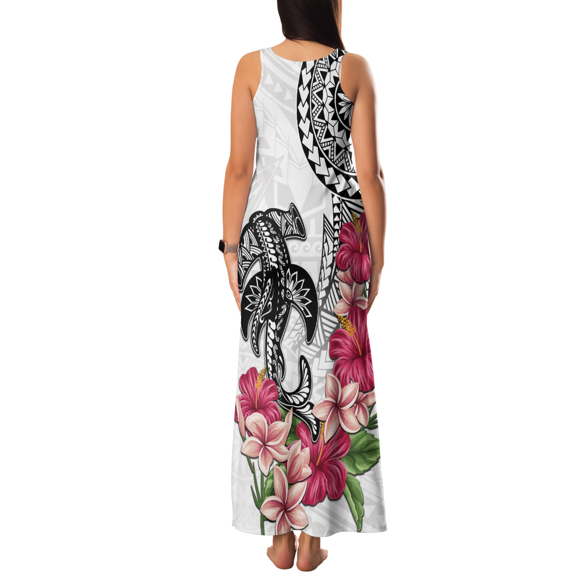 White Polynesian Hammerhead Shark Tribal Pattern Family Matching Tank Maxi Dress and Hawaiian Shirt