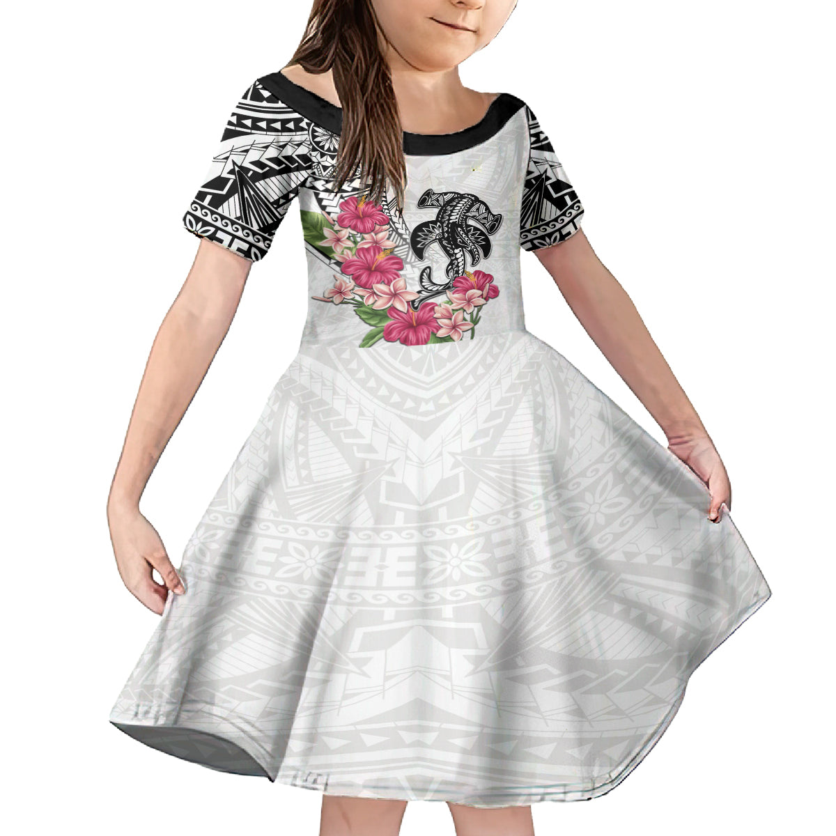 White Polynesian Hammerhead Shark Tribal Pattern Kid Short Sleeve Dress