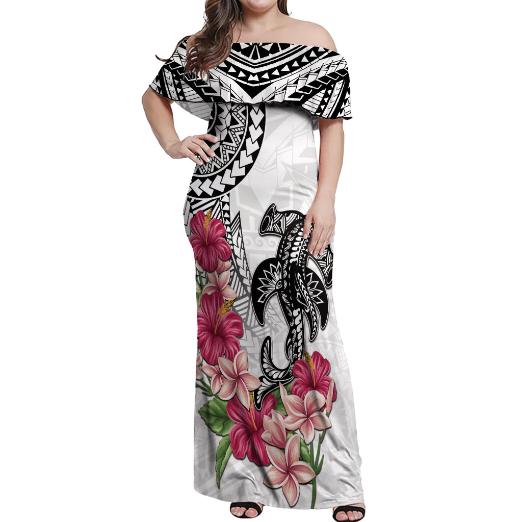 White Polynesian Hammerhead Shark Tribal Pattern Off Shoulder Maxi Dress