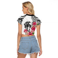 White Polynesian Hammerhead Shark Tribal Pattern Raglan Cropped T Shirt