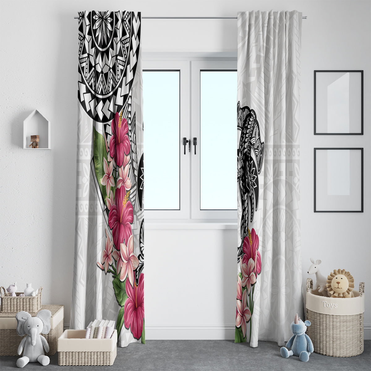 White Polynesian Hammerhead Shark Tribal Pattern Window Curtain
