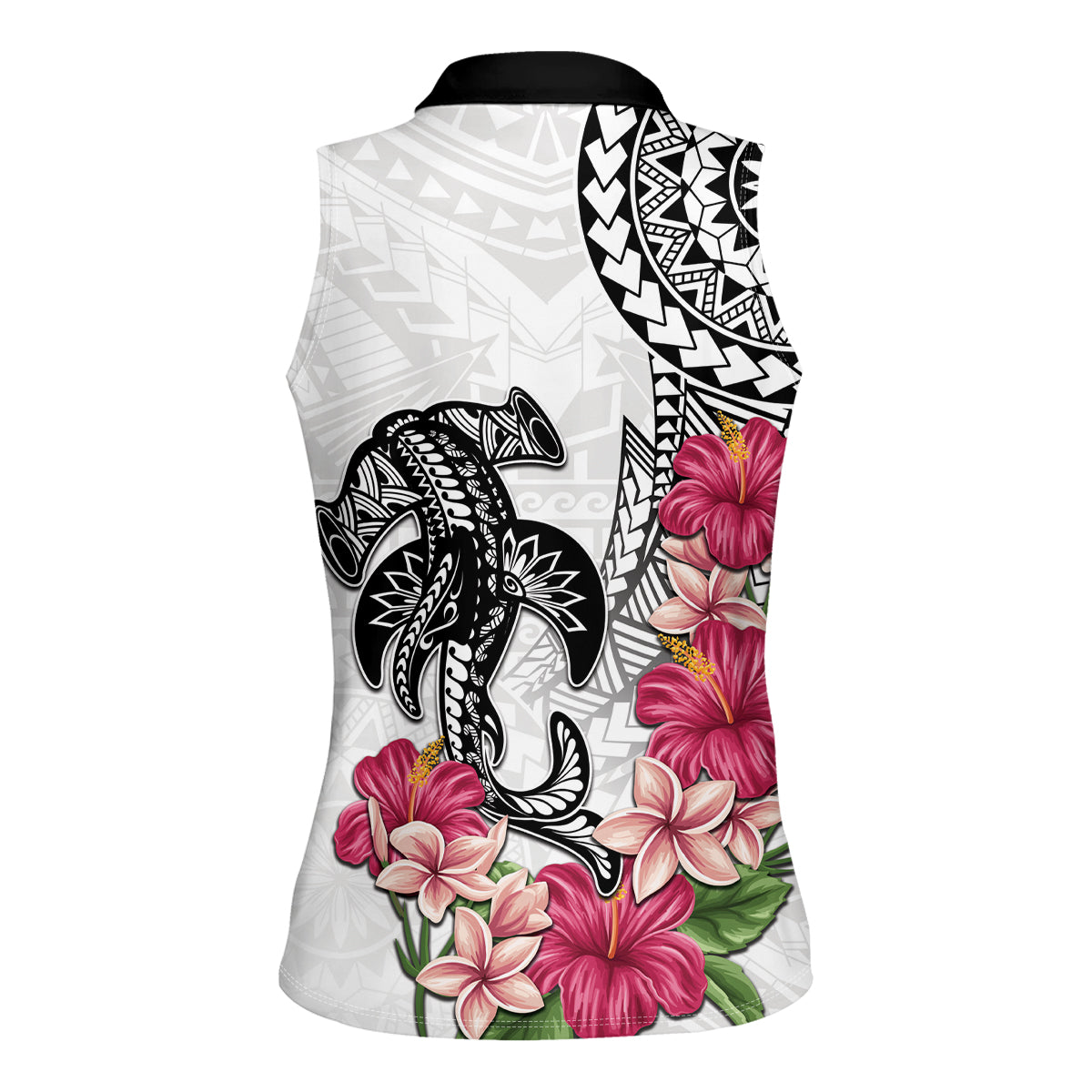 White Polynesian Hammerhead Shark Tribal Pattern Women Sleeveless Polo Shirt