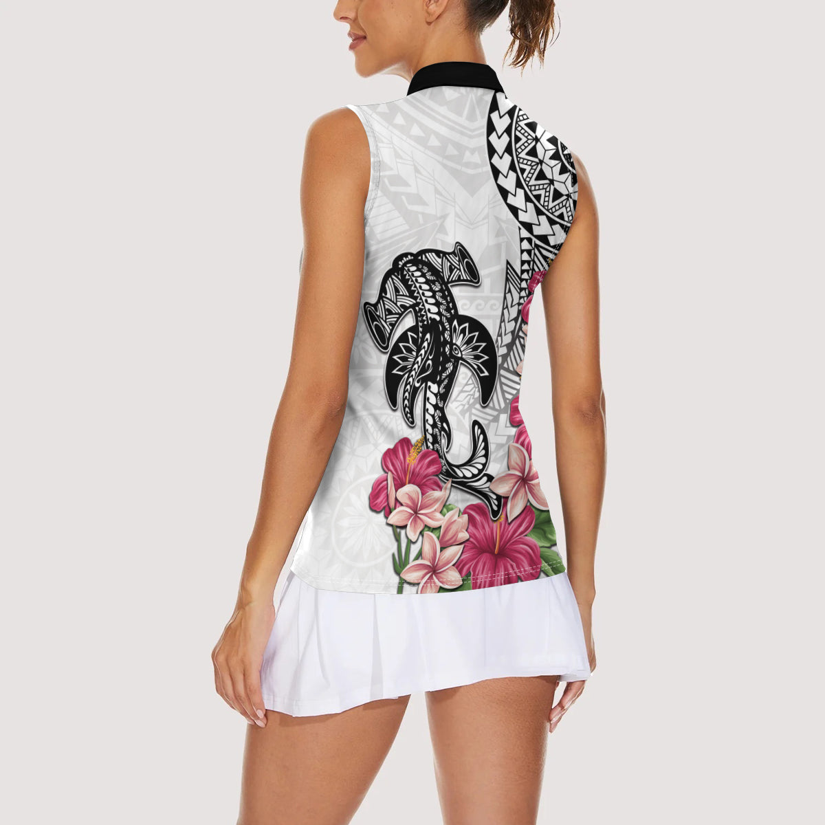 White Polynesian Hammerhead Shark Tribal Pattern Women Sleeveless Polo Shirt