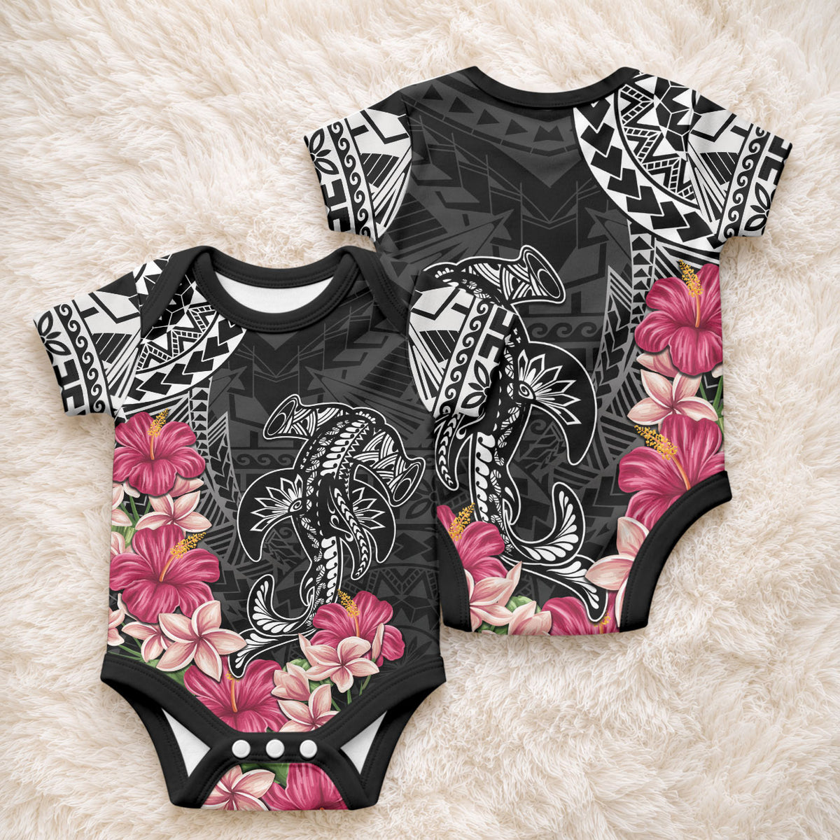 Black Polynesian Hammerhead Shark Tribal Pattern Baby Onesie LT05 - Polynesian Pride