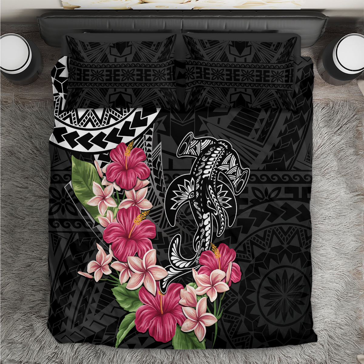 Black Polynesian Hammerhead Shark Tribal Pattern Bedding Set