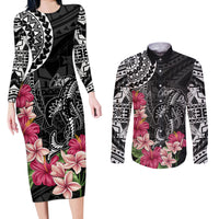 Black Polynesian Hammerhead Shark Tribal Pattern Couples Matching Long Sleeve Bodycon Dress and Long Sleeve Button Shirt
