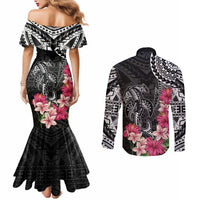 Black Polynesian Hammerhead Shark Tribal Pattern Couples Matching Mermaid Dress and Long Sleeve Button Shirt
