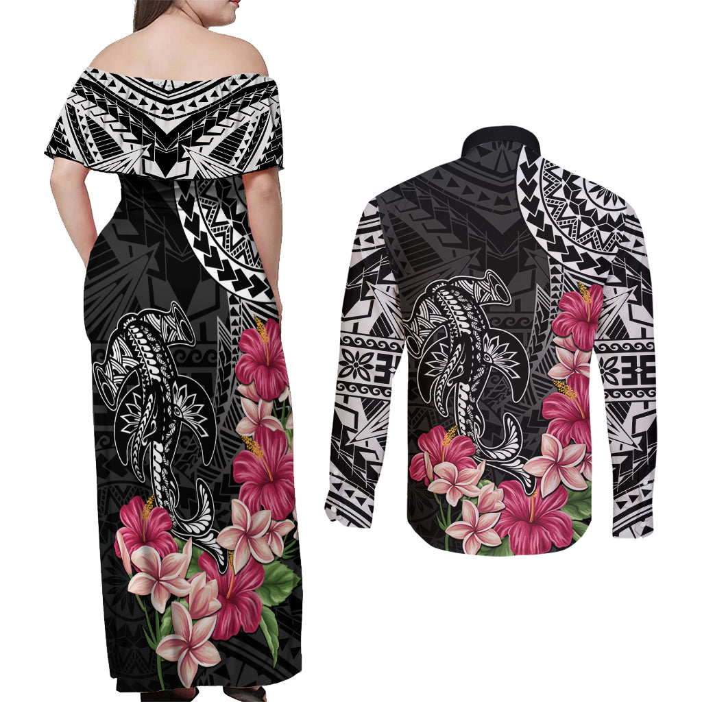 Black Polynesian Hammerhead Shark Tribal Pattern Couples Matching Off Shoulder Maxi Dress and Long Sleeve Button Shirt