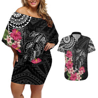Black Polynesian Hammerhead Shark Tribal Pattern Couples Matching Off Shoulder Short Dress and Hawaiian Shirt