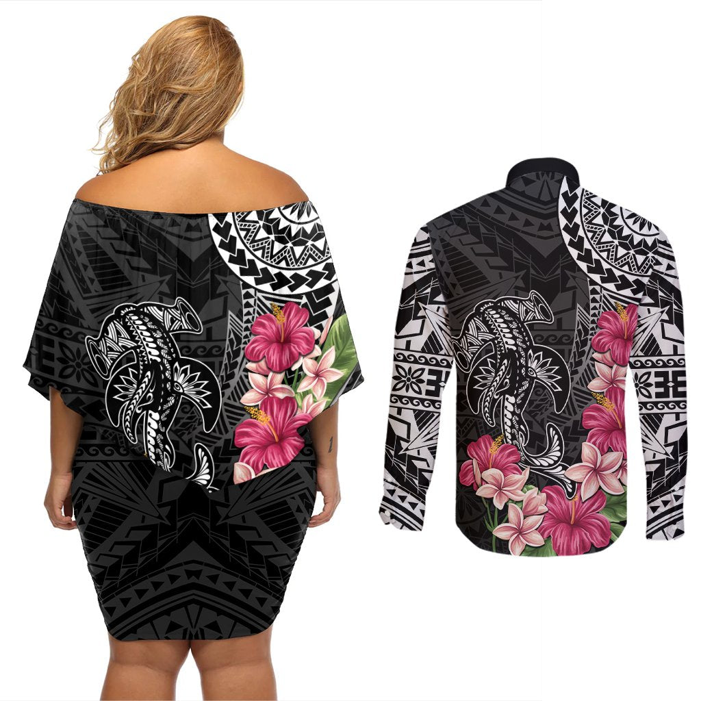 Black Polynesian Hammerhead Shark Tribal Pattern Couples Matching Off Shoulder Short Dress and Long Sleeve Button Shirt LT05 - Polynesian Pride