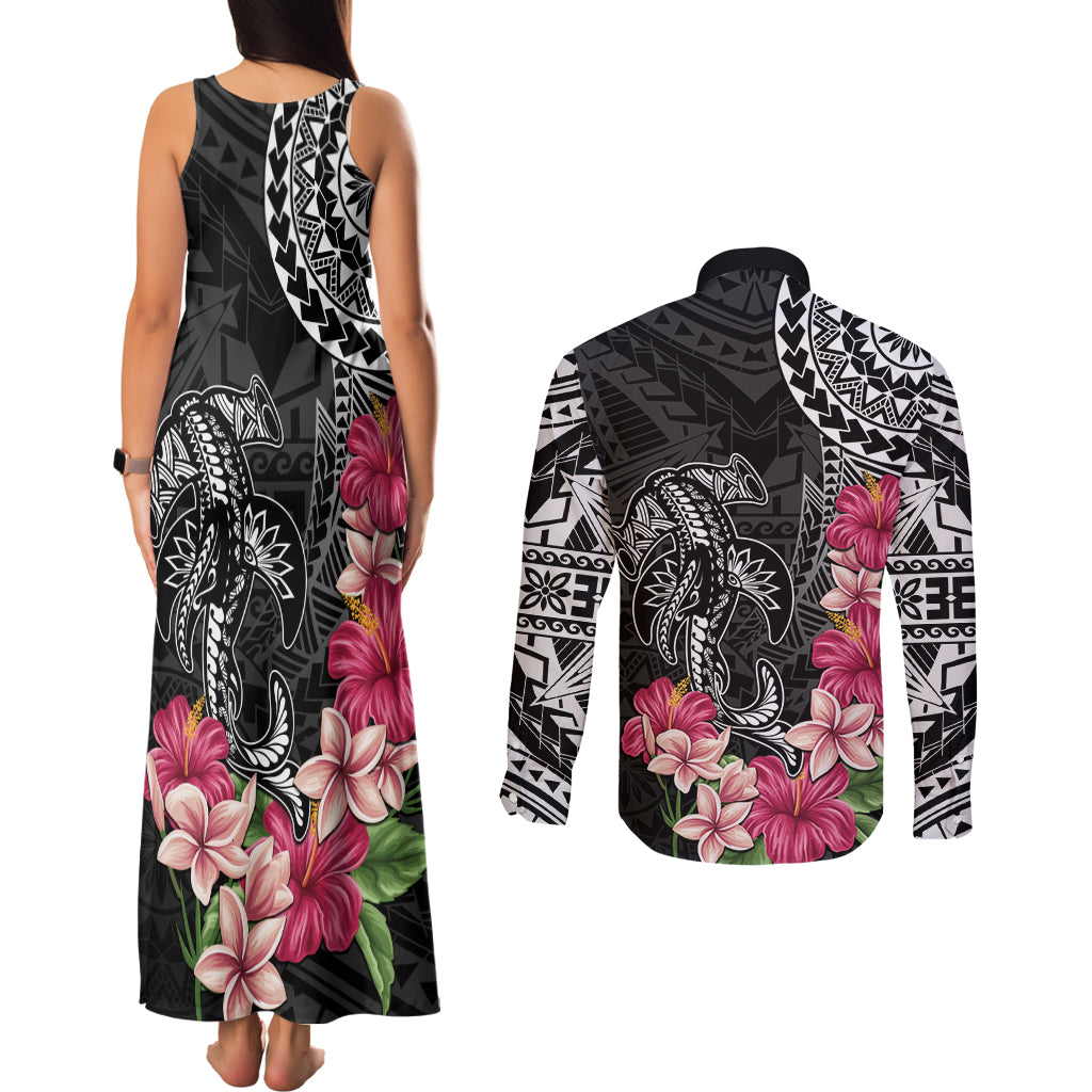 Black Polynesian Hammerhead Shark Tribal Pattern Couples Matching Tank Maxi Dress and Long Sleeve Button Shirt LT05 - Polynesian Pride