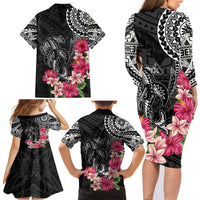 Black Polynesian Hammerhead Shark Tribal Pattern Family Matching Long Sleeve Bodycon Dress and Hawaiian Shirt