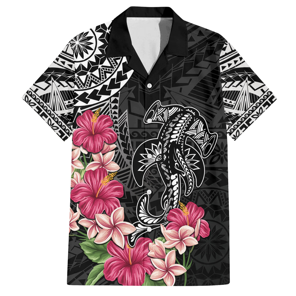 Black Polynesian Hammerhead Shark Tribal Pattern Family Matching Long Sleeve Bodycon Dress and Hawaiian Shirt