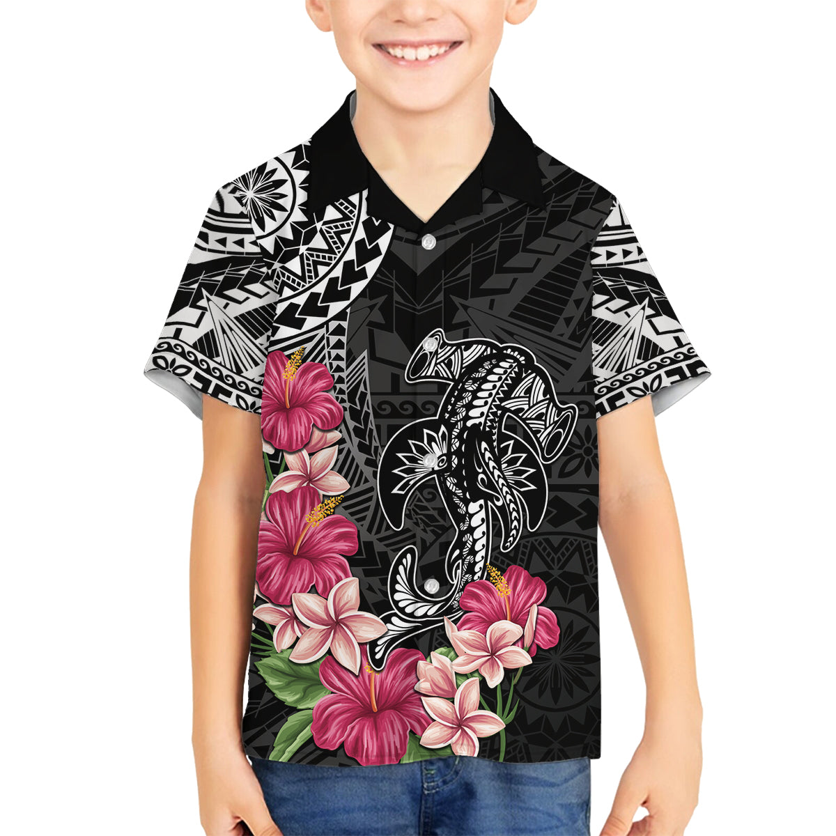 Black Polynesian Hammerhead Shark Tribal Pattern Family Matching Long Sleeve Bodycon Dress and Hawaiian Shirt