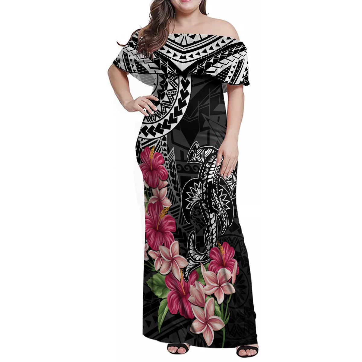 Black Polynesian Hammerhead Shark Tribal Pattern Family Matching Off Shoulder Maxi Dress and Hawaiian Shirt