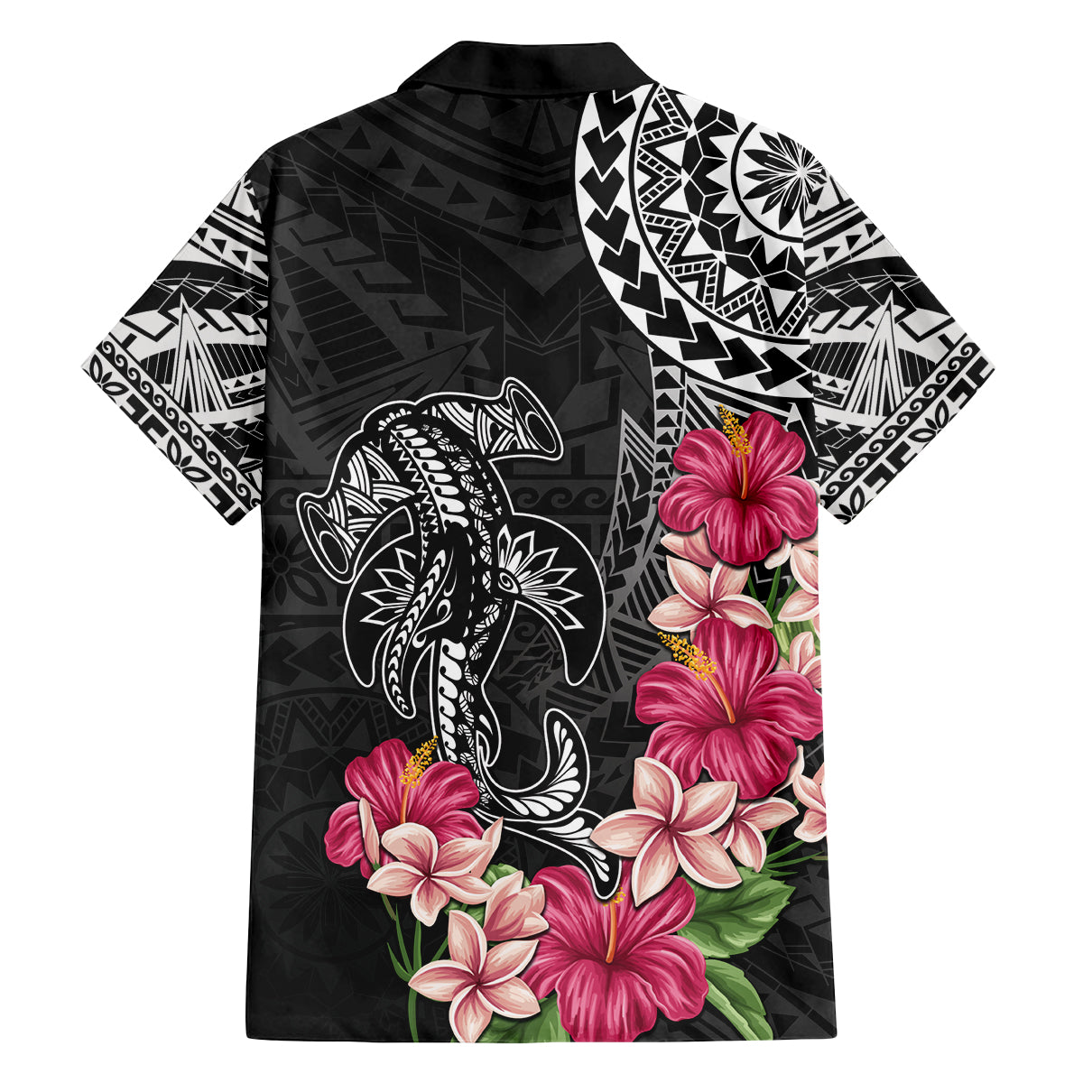 Black Polynesian Hammerhead Shark Tribal Pattern Family Matching Off Shoulder Short Dress and Hawaiian Shirt