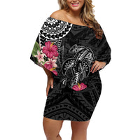 Black Polynesian Hammerhead Shark Tribal Pattern Family Matching Off Shoulder Short Dress and Hawaiian Shirt