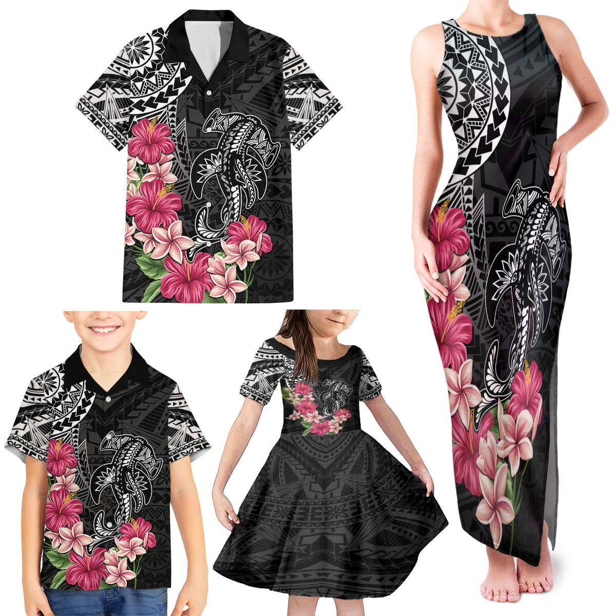 Black Polynesian Hammerhead Shark Tribal Pattern Family Matching Tank Maxi Dress and Hawaiian Shirt