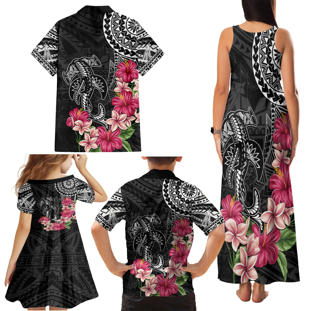 Black Polynesian Hammerhead Shark Tribal Pattern Family Matching Tank Maxi Dress and Hawaiian Shirt