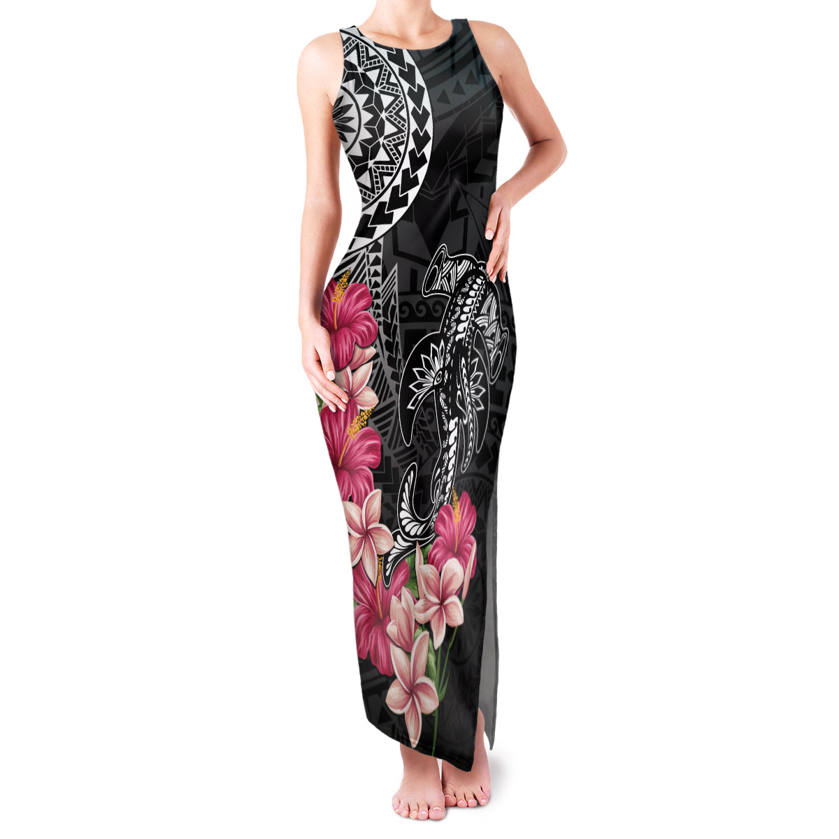 Black Polynesian Hammerhead Shark Tribal Pattern Family Matching Tank Maxi Dress and Hawaiian Shirt