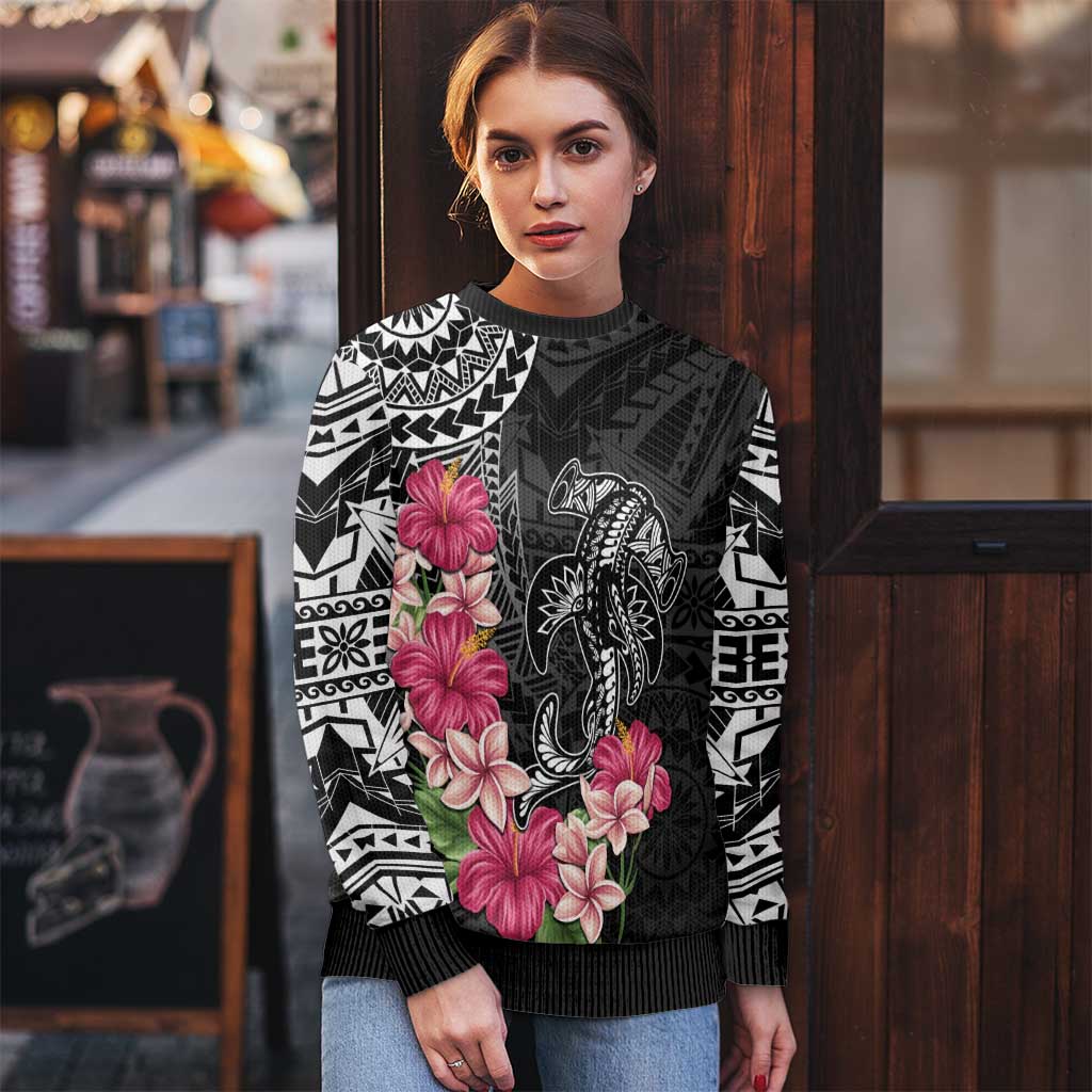 Black Polynesian Hammerhead Shark Tribal Pattern Ugly Christmas Sweater