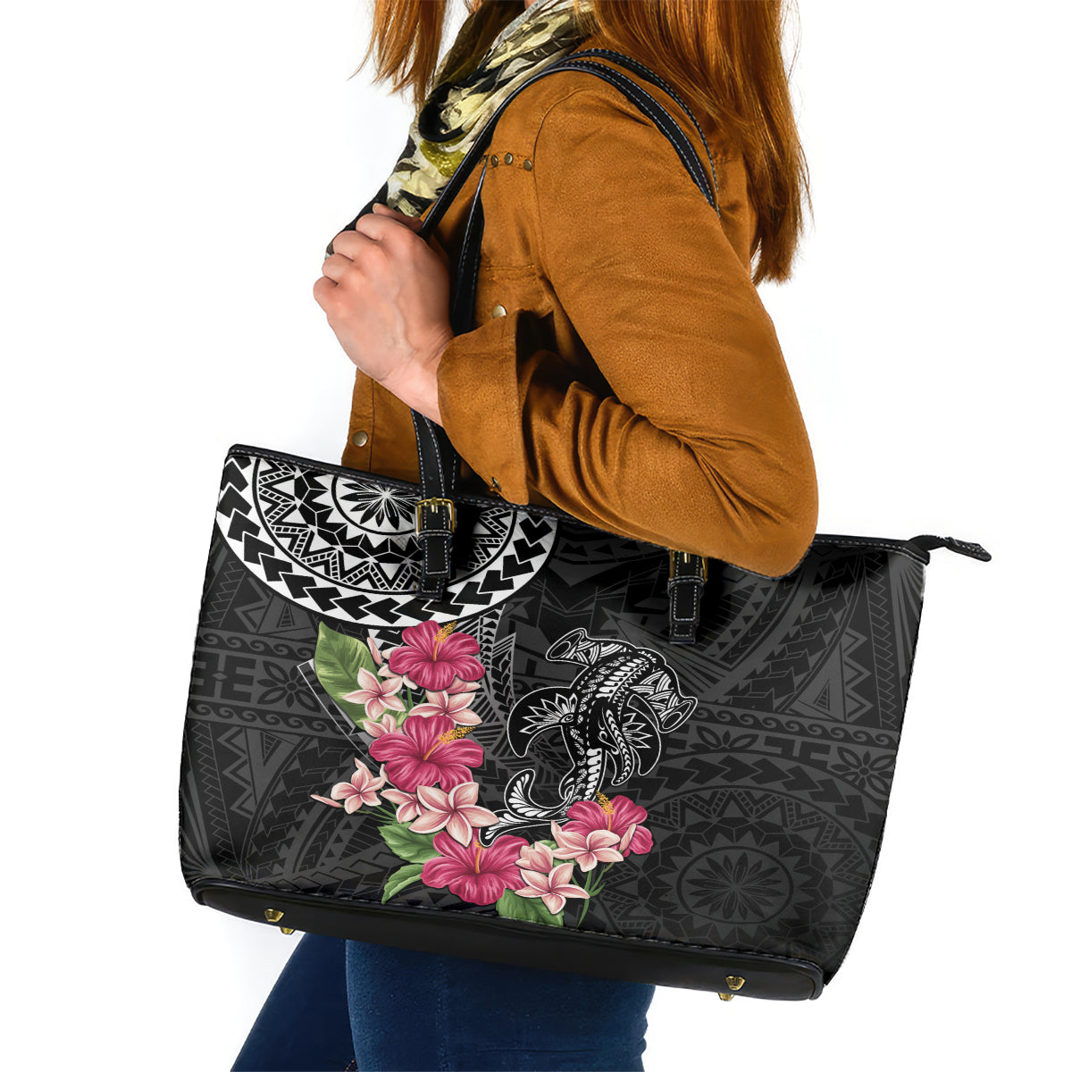 Black Polynesian Hammerhead Shark Tribal Pattern Leather Tote Bag