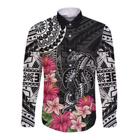 Black Polynesian Hammerhead Shark Tribal Pattern Long Sleeve Button Shirt