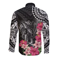 Black Polynesian Hammerhead Shark Tribal Pattern Long Sleeve Button Shirt