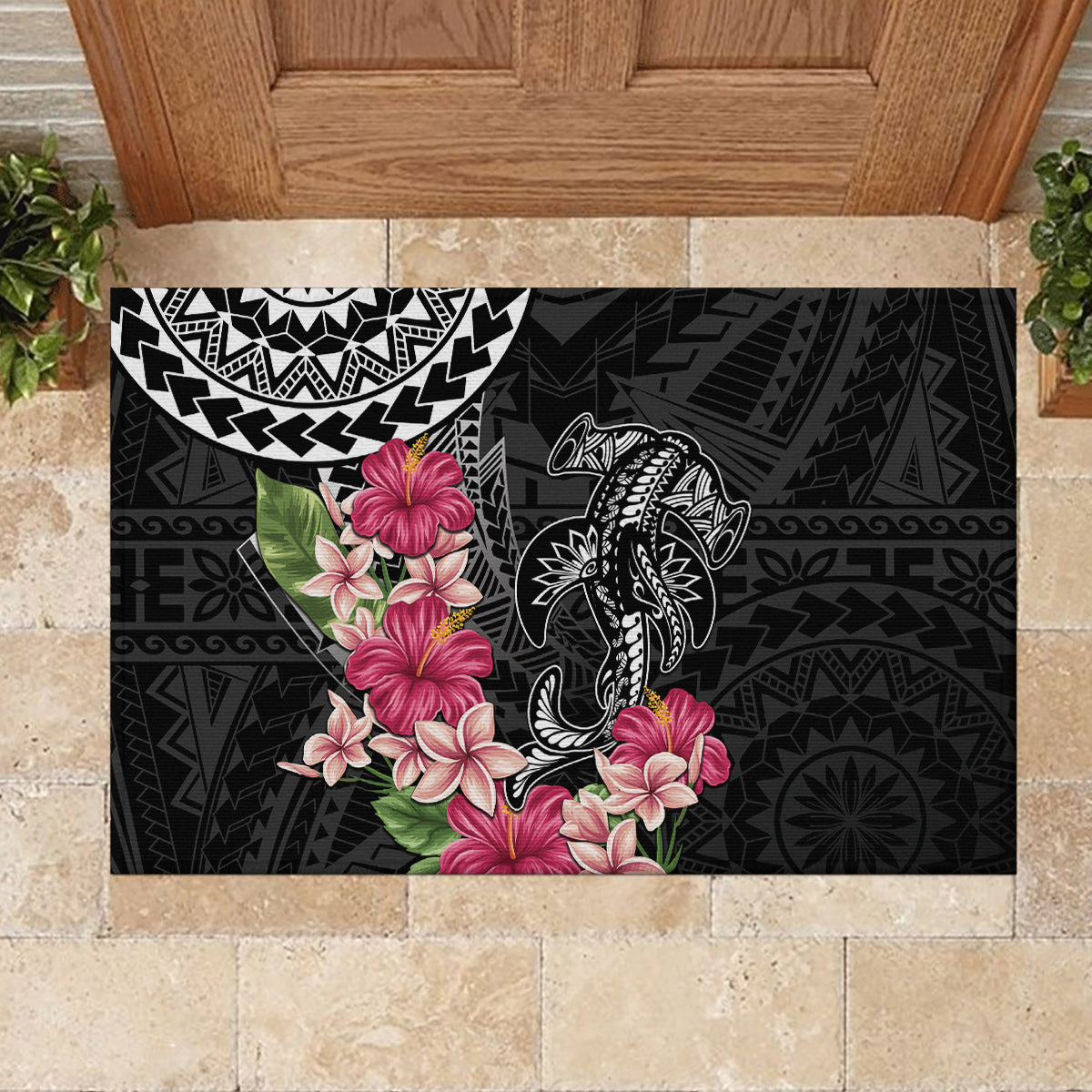 Black Polynesian Hammerhead Shark Tribal Pattern Rubber Doormat