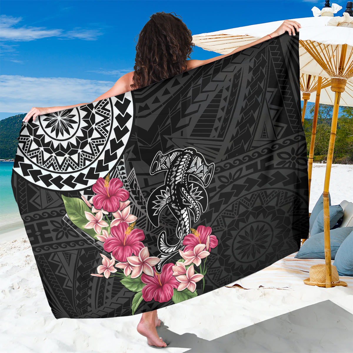Black Polynesian Hammerhead Shark Tribal Pattern Sarong
