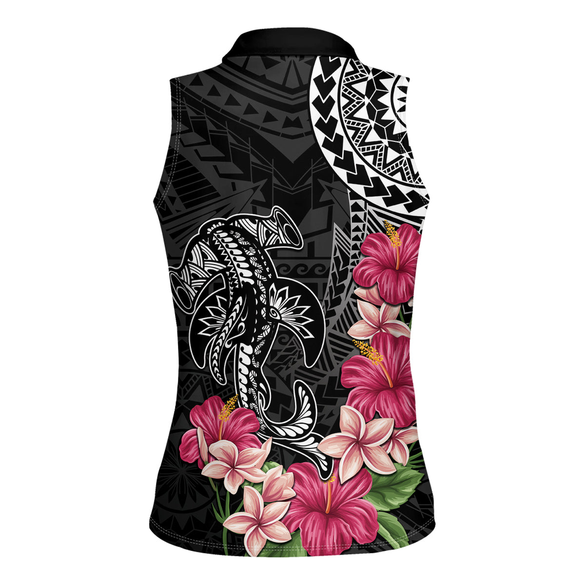 Black Polynesian Hammerhead Shark Tribal Pattern Women Sleeveless Polo Shirt