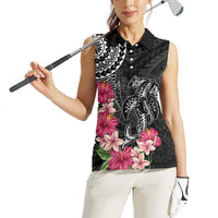 Black Polynesian Hammerhead Shark Tribal Pattern Women Sleeveless Polo Shirt