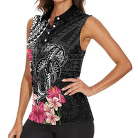 Black Polynesian Hammerhead Shark Tribal Pattern Women Sleeveless Polo Shirt