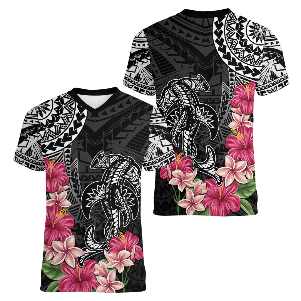 Black Polynesian Hammerhead Shark Tribal Pattern Women V-Neck T-Shirt