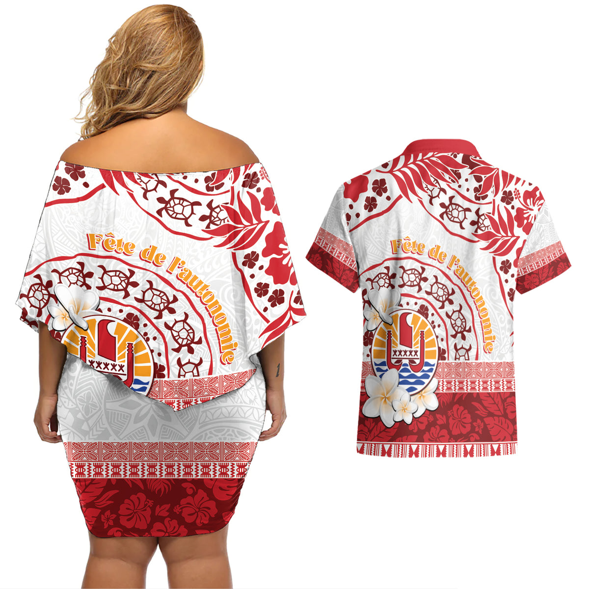 French Polynesia Internal Autonomy Day Couples Matching Off Shoulder Short Dress and Hawaiian Shirt Tropical Hibiscus And Turtle Pattern