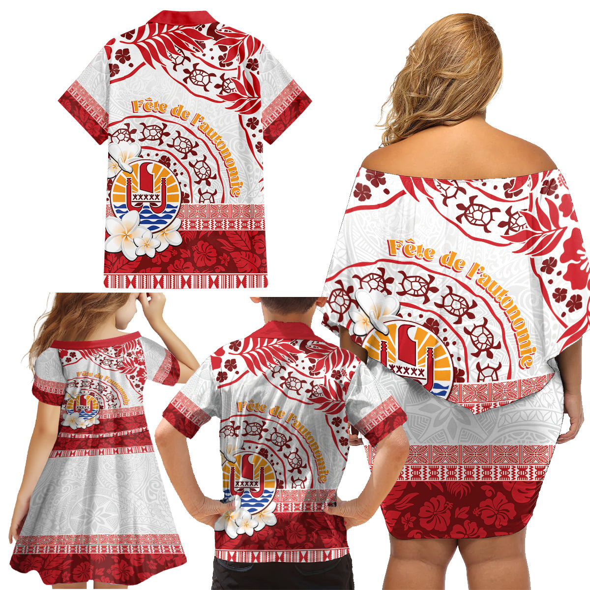 French Polynesia Internal Autonomy Day Family Matching Off Shoulder Short Dress and Hawaiian Shirt Tropical Hibiscus And Turtle Pattern