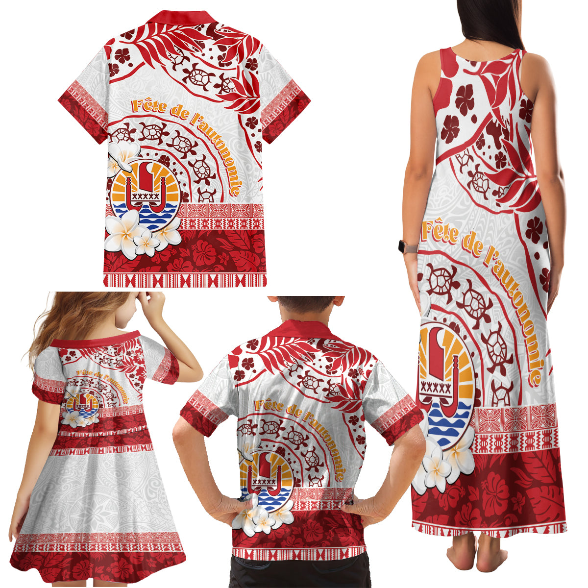 French Polynesia Internal Autonomy Day Family Matching Tank Maxi Dress and Hawaiian Shirt Tropical Hibiscus And Turtle Pattern