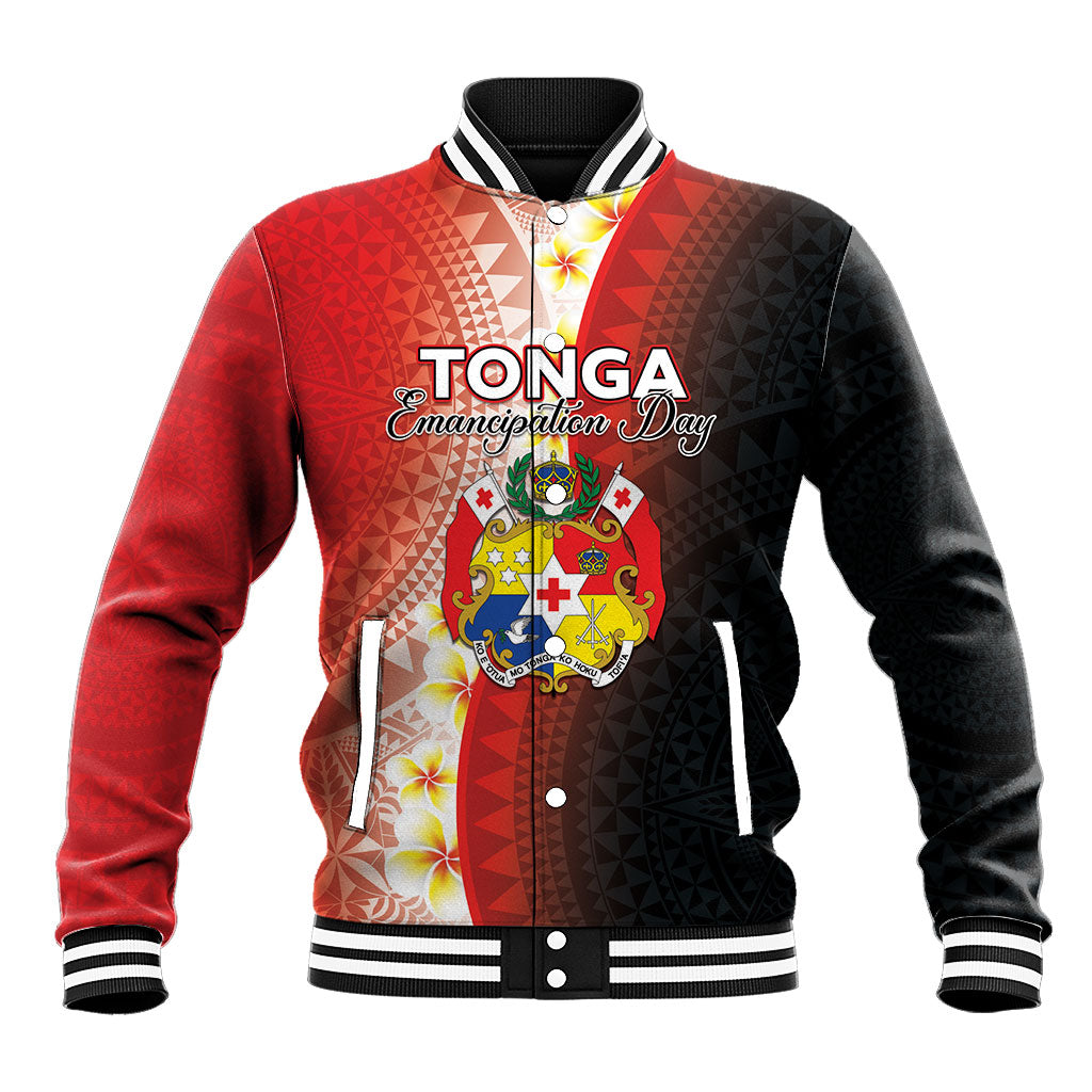 Personalised Tonga Emancipation Day Baseball Jacket Tongan Ngatu Pattern With Plumeria