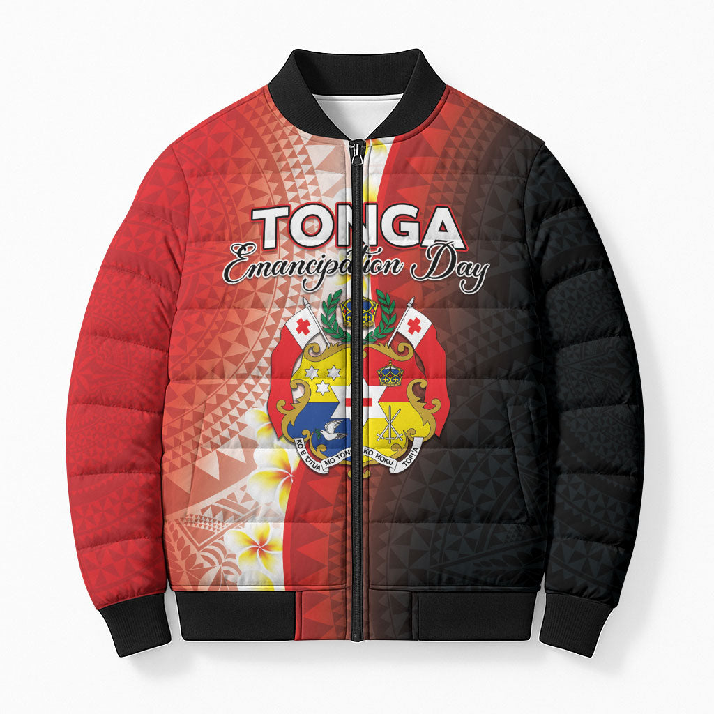 Personalised Tonga Emancipation Day Bomber Puffer Jacket Tongan Ngatu Pattern With Plumeria