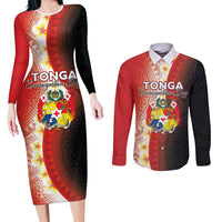 Personalised Tonga Emancipation Day Couples Matching Long Sleeve Bodycon Dress and Long Sleeve Button Shirt Tongan Ngatu Pattern With Plumeria