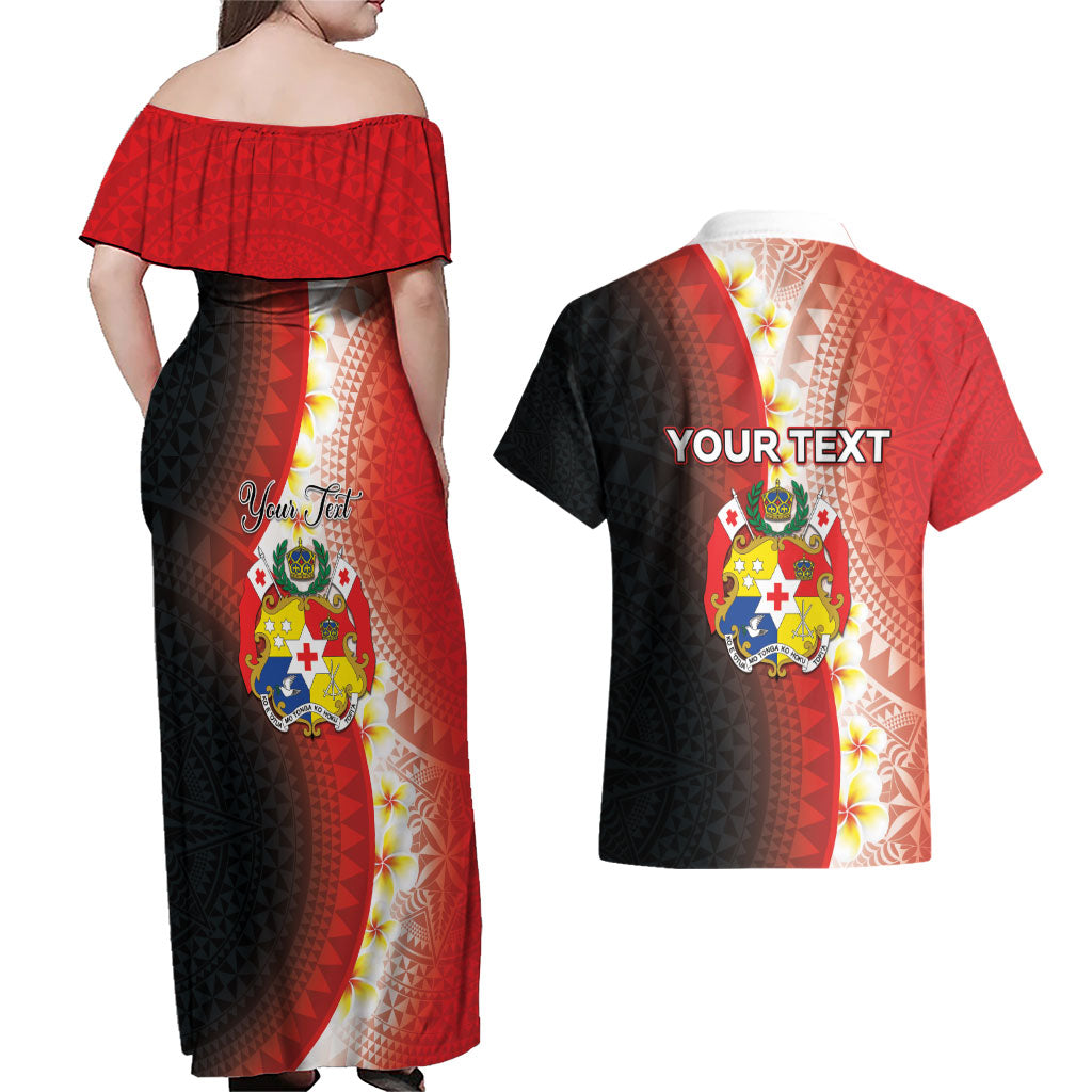 Personalised Tonga Emancipation Day Couples Matching Off Shoulder Maxi Dress and Hawaiian Shirt Tongan Ngatu Pattern With Plumeria