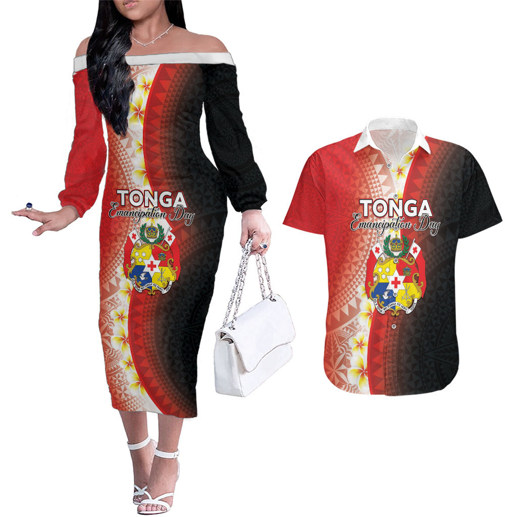 Personalised Tonga Emancipation Day Couples Matching Off The Shoulder Long Sleeve Dress and Hawaiian Shirt Tongan Ngatu Pattern With Plumeria