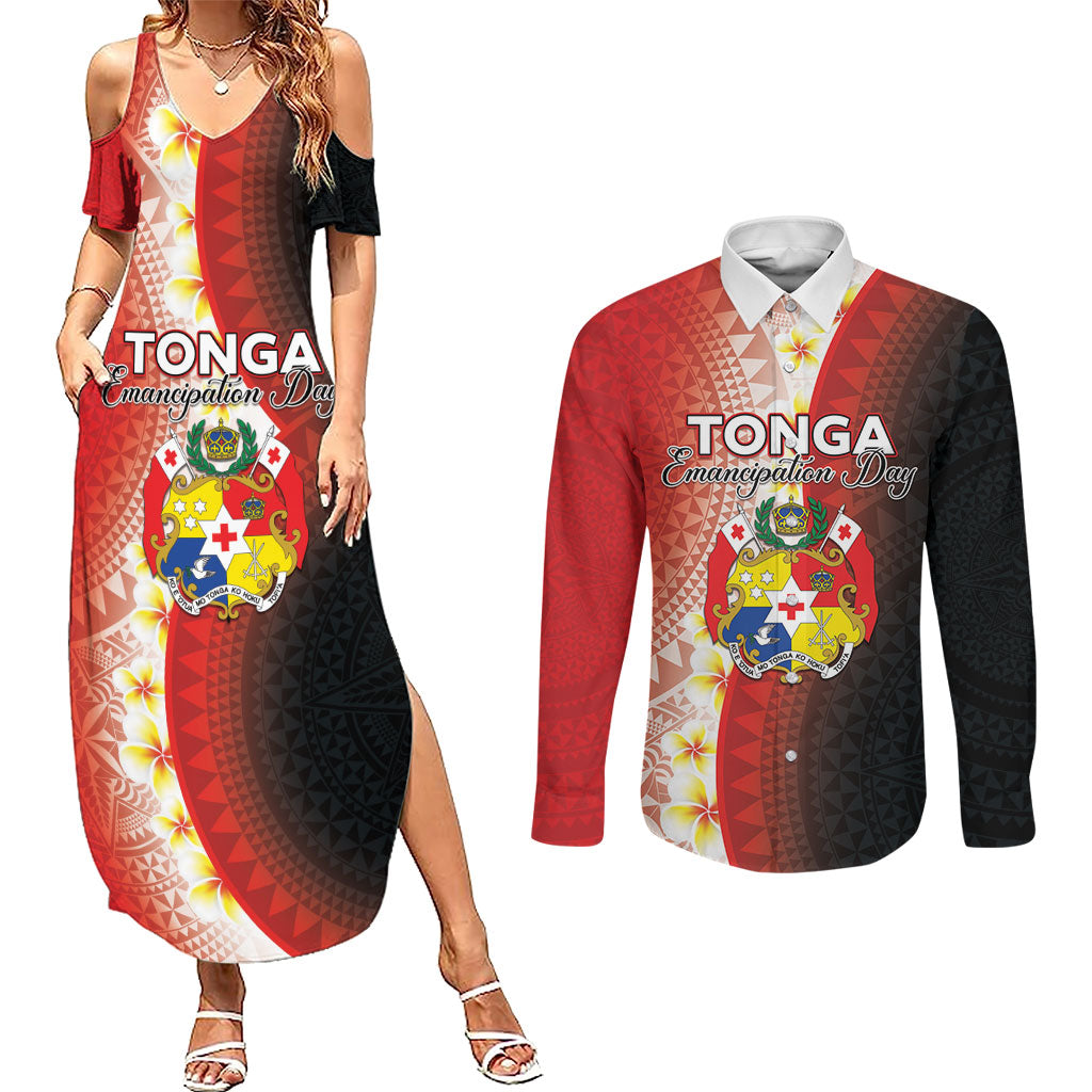 Personalised Tonga Emancipation Day Couples Matching Summer Maxi Dress and Long Sleeve Button Shirt Tongan Ngatu Pattern With Plumeria