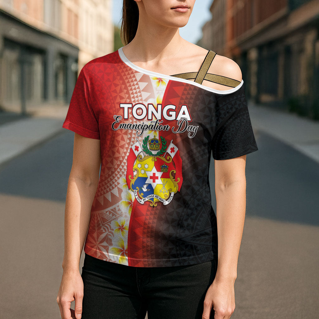 Personalised Tonga Emancipation Day Cross Shoulder Shirt Tongan Ngatu Pattern With Plumeria