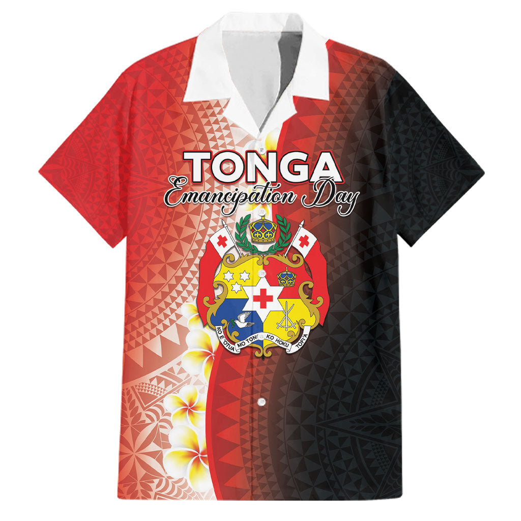 Personalised Tonga Emancipation Day Family Matching Long Sleeve Bodycon Dress and Hawaiian Shirt Tongan Ngatu Pattern With Plumeria LT05 Dad's Shirt - Short Sleeve Red - Polynesian Pride