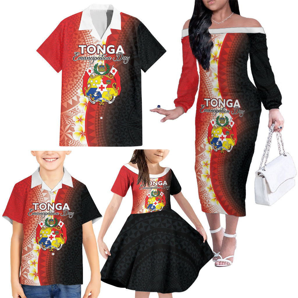 Personalised Tonga Emancipation Day Family Matching Off The Shoulder Long Sleeve Dress and Hawaiian Shirt Tongan Ngatu Pattern With Plumeria LT05 - Polynesian Pride