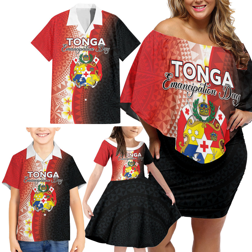 Personalised Tonga Emancipation Day Family Matching Off Shoulder Short Dress and Hawaiian Shirt Tongan Ngatu Pattern With Plumeria LT05 - Polynesian Pride