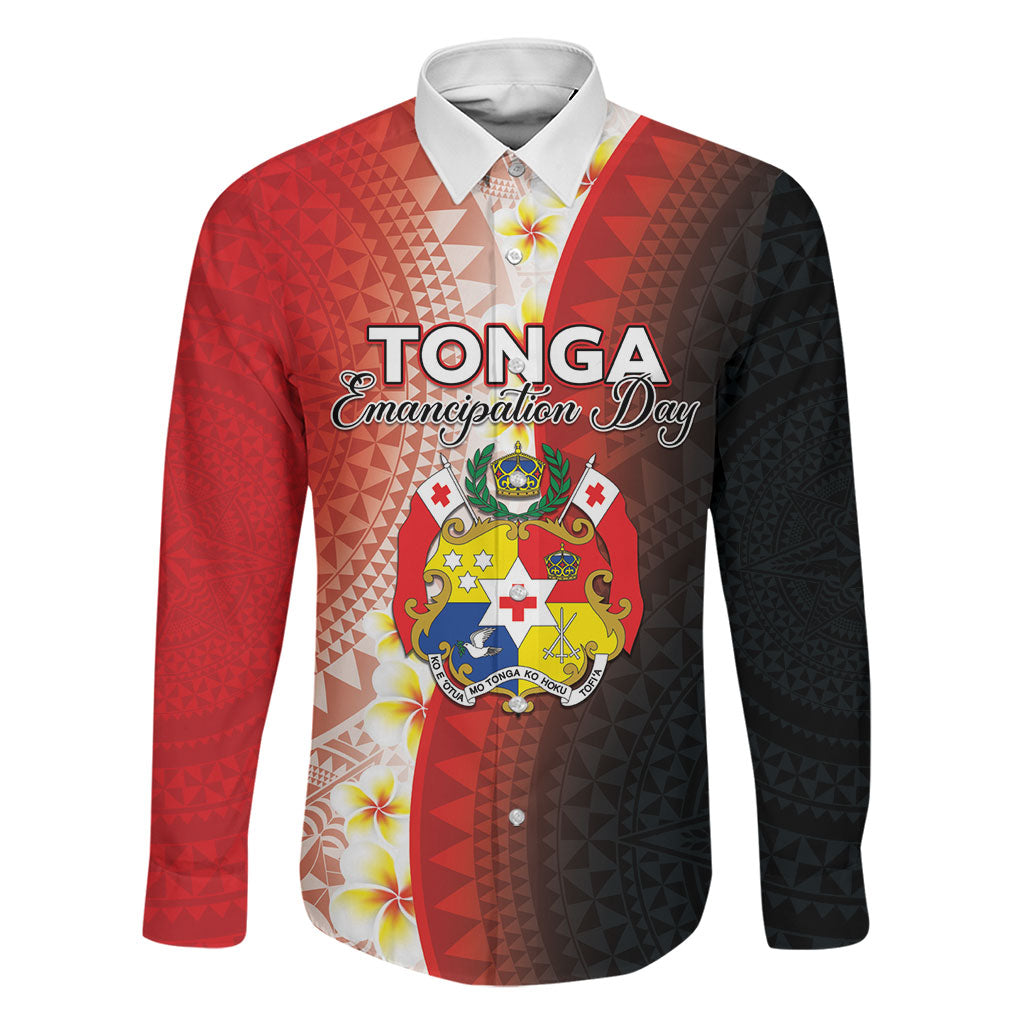 Personalised Tonga Emancipation Day Family Matching Off Shoulder Short Dress and Hawaiian Shirt Tongan Ngatu Pattern With Plumeria LT05 Dad's Shirt - Long Sleeve Red - Polynesian Pride
