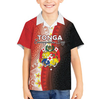 Personalised Tonga Emancipation Day Family Matching Off Shoulder Short Dress and Hawaiian Shirt Tongan Ngatu Pattern With Plumeria LT05 Son's Shirt Red - Polynesian Pride